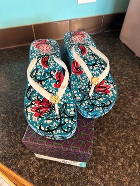 Tory Burch Teal Floral Wedge Sandals with White Straps